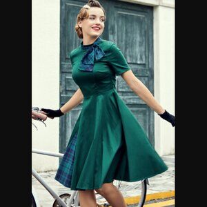 ZAPAKA Green Plaid Swing Vintage 1950s A-Line Rockabilly Dress Tie Neck Zipper